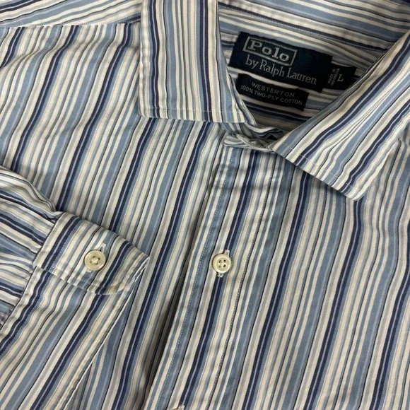 VINTAGE Polo Ralph Lauren Extra Large Blue Striped Westerton Button Down Shirt - Picture 1 of 5